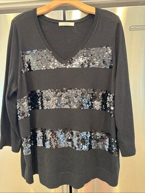 Sejour Black V-Neck Sweater with Silver Sequin Stripes 2X